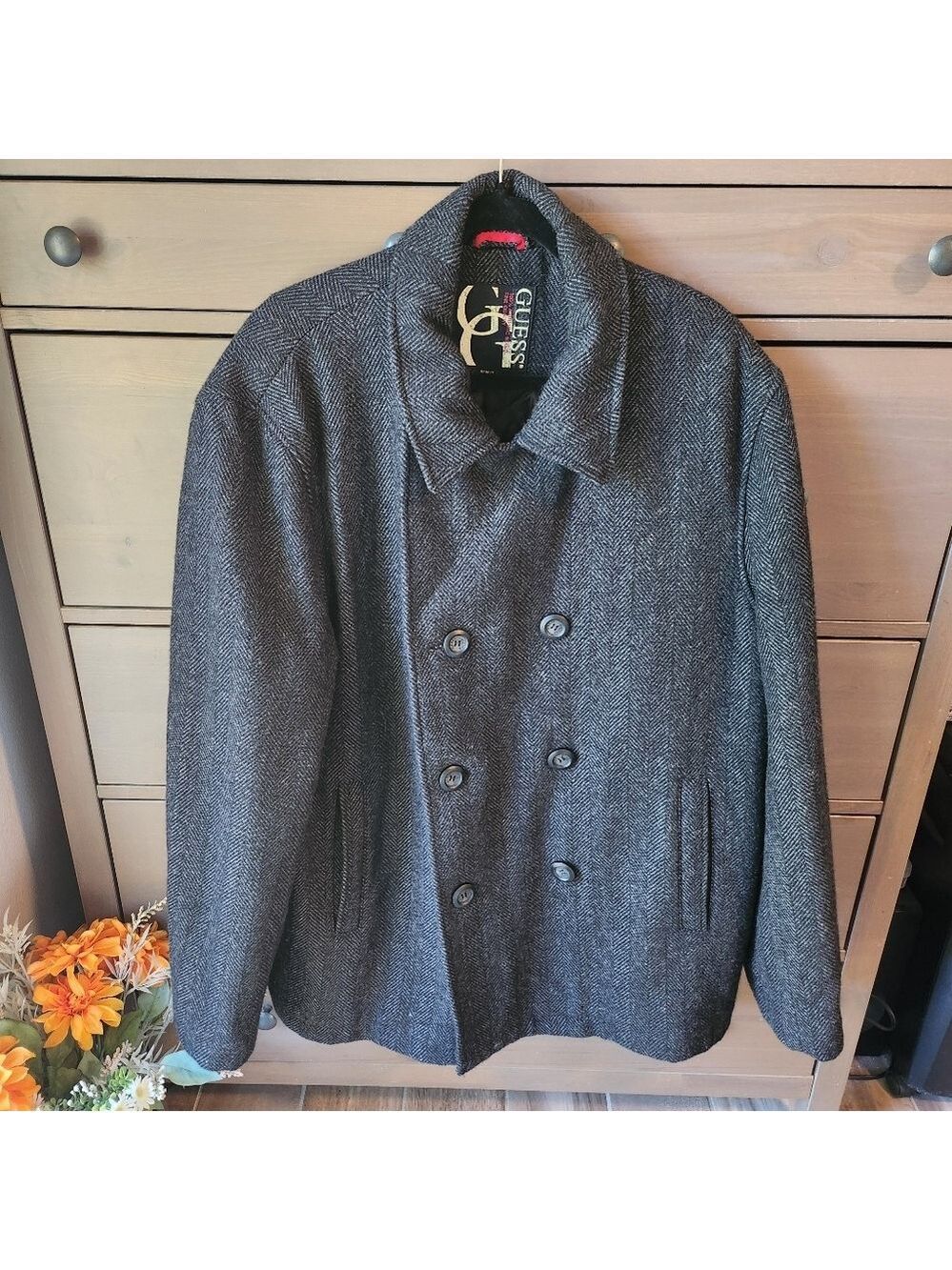 GUESS Men’s Wool Blend Peacoat XXL – Gray Herringbone, Double Breasted, Classic